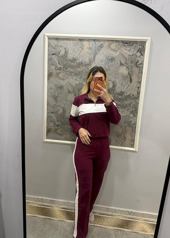 Bordo Beyaz Şeritli Kadın Eşofman Takımı - Görsel 3