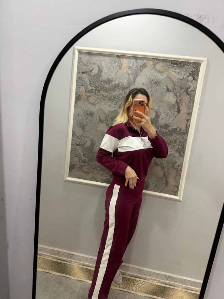 Bordo Beyaz Şeritli Kadın Eşofman Takımı - Görsel 2