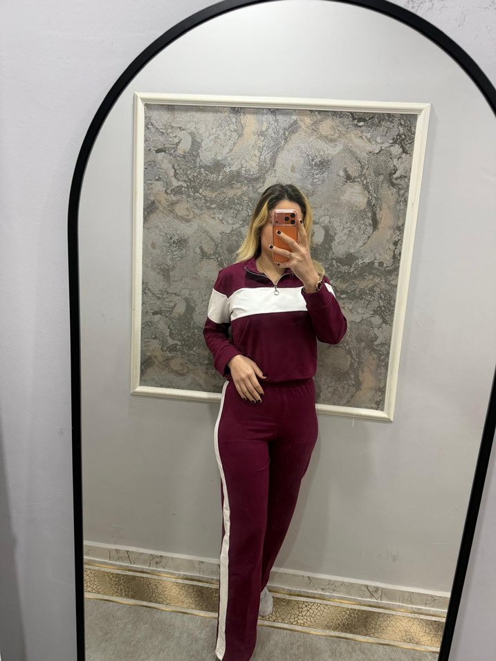 Bordo Beyaz Şeritli Kadın Eşofman Takımı - Görsel 3