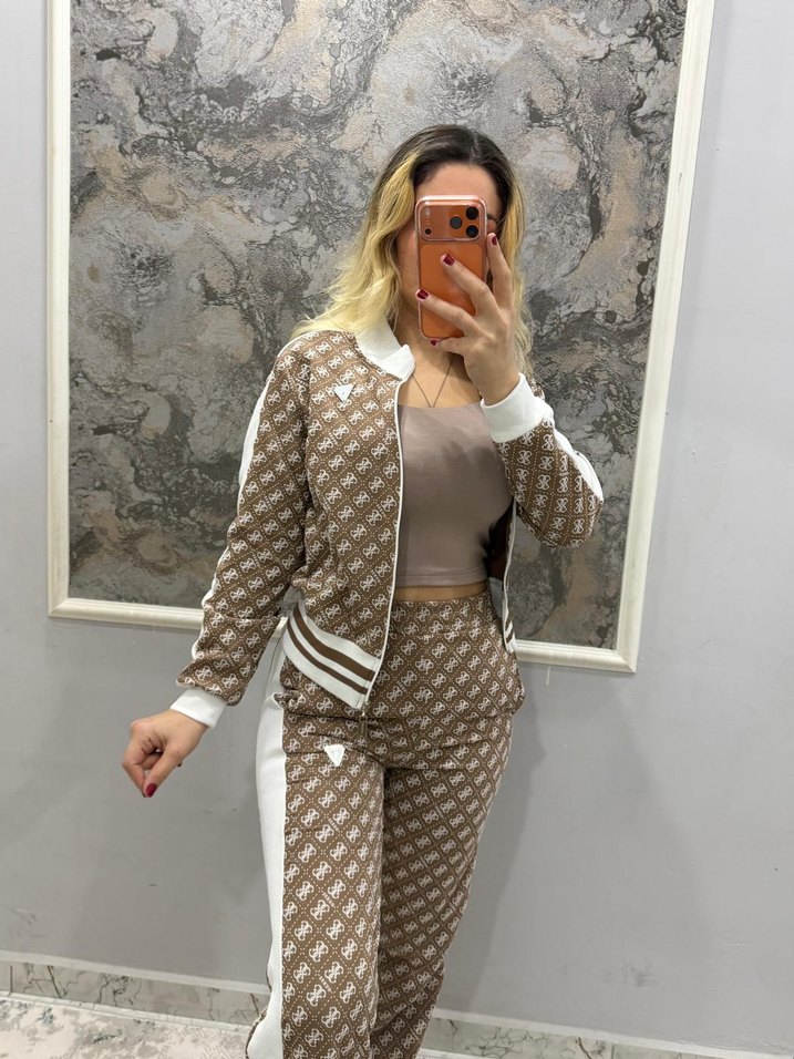 Kadın Kahverengi Desenli Triko Eşofman Takımı - Görsel 2