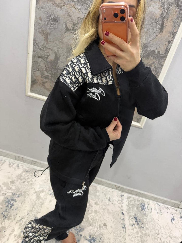 Siyah Nakışlı Fermuarlı Kadın Eşofman Takımı - Görsel 3