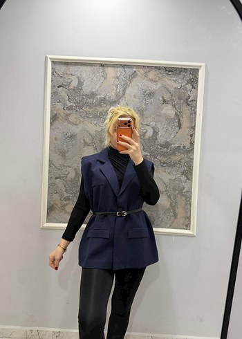 Kemerli Koyu Mavi Mini Kadın Blazer - Görsel 3