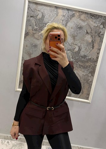 Kemerli Koyu Mavi Mini Kadın Blazer - Görsel 9