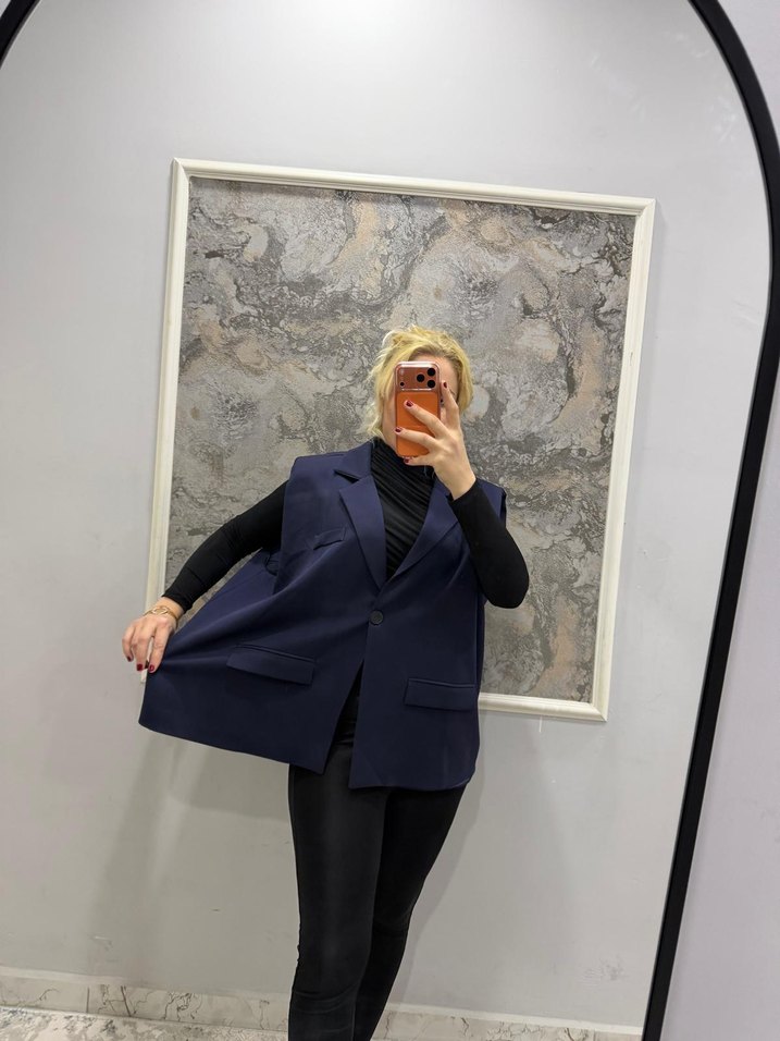 Kemerli Koyu Mavi Mini Kadın Blazer - Görsel 4