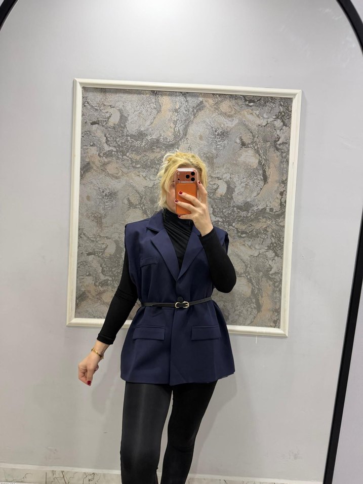 Kemerli Koyu Mavi Mini Kadın Blazer - Görsel 3