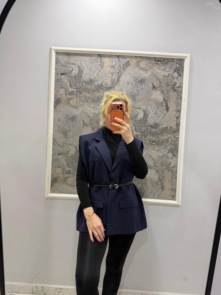 Kemerli Koyu Mavi Mini Kadın Blazer - Görsel 2