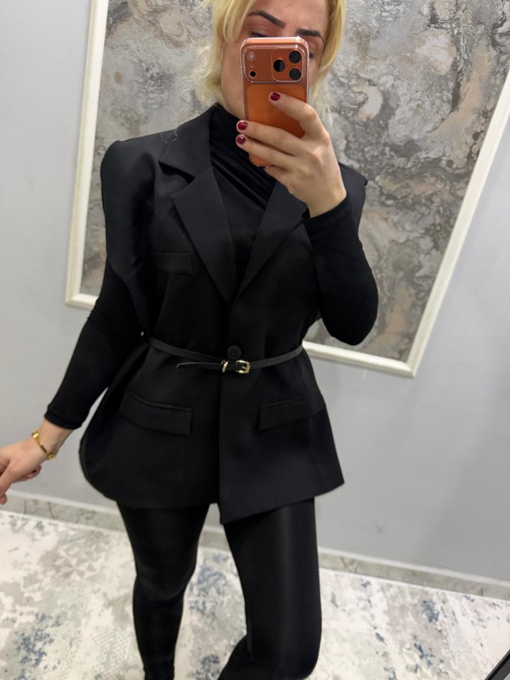 Kemerli Kısa Lacivert Kadın Blazer Ceket - Görsel 3