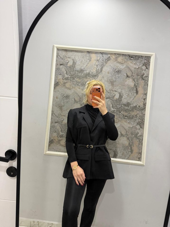 Kemerli Kısa Lacivert Kadın Blazer Ceket - Görsel 4