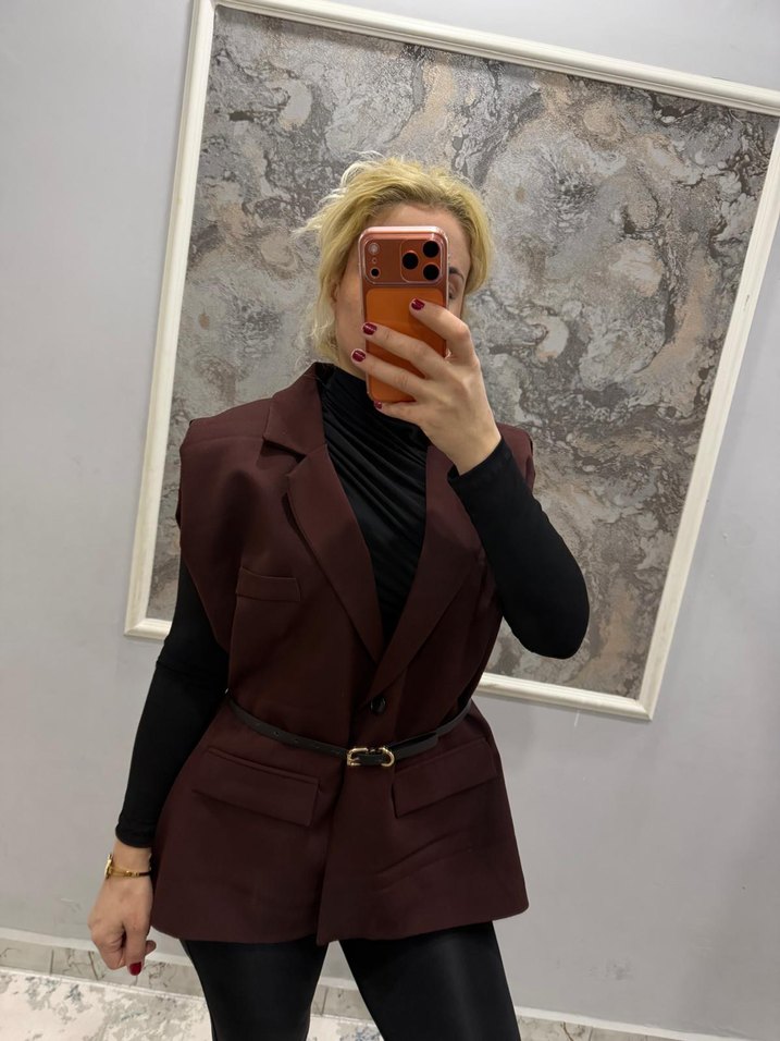 Kemerli Kısa Lacivert Kadın Blazer Ceket - Görsel 5