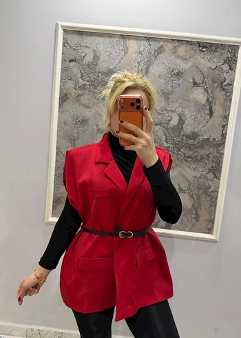 Kahverengi Deri Kemerli Kolsuz Mini Blazer - Görsel 4