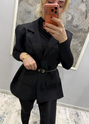 Kahverengi Deri Kemerli Kolsuz Mini Blazer - Görsel 7