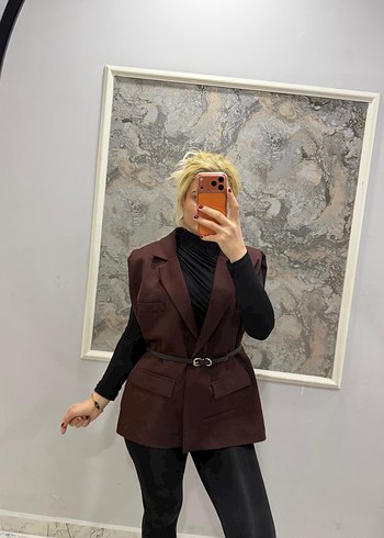 Kahverengi Deri Kemerli Kolsuz Mini Blazer - Görsel 12