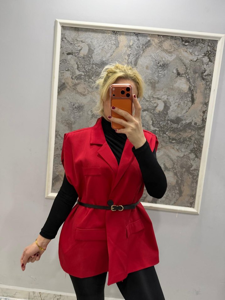 Kahverengi Deri Kemerli Kolsuz Mini Blazer - Görsel 4