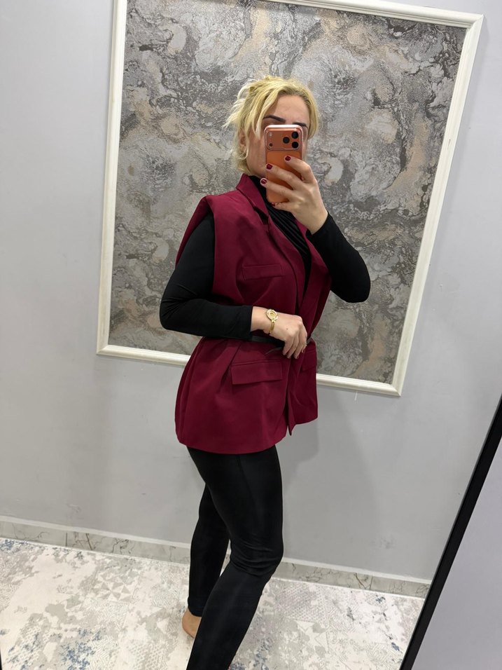 Kahverengi Deri Kemerli Kolsuz Mini Blazer - Görsel 3