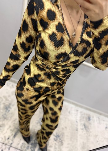 Kahverengi Leopar Desenli Kadın Tulum - Görsel 9