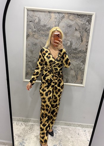 Kahverengi Leopar Desenli Kadın Tulum - Görsel 6