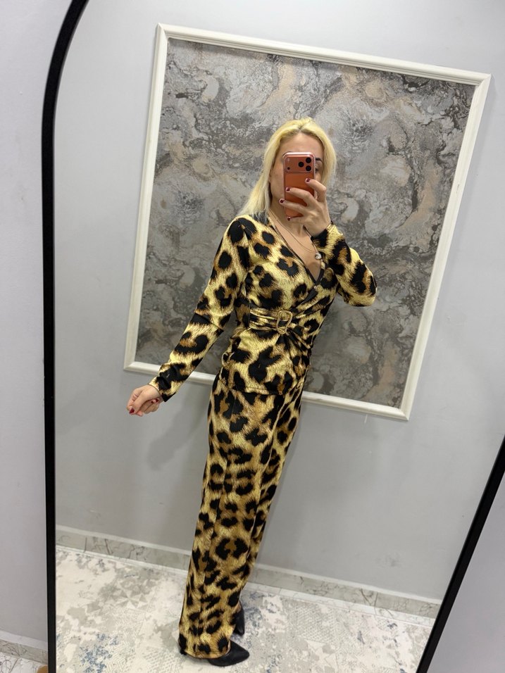 Kahverengi Leopar Desenli Kadın Tulum - Görsel 5