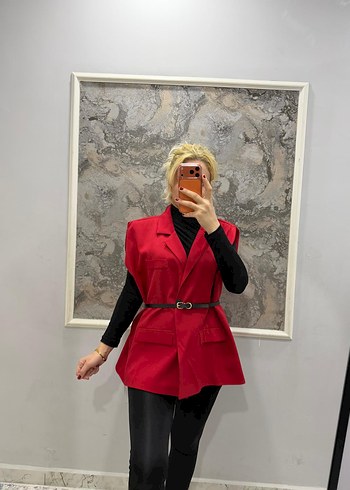 Kemerli Kırmızı Kolsuz Mini Blazer - Görsel 6