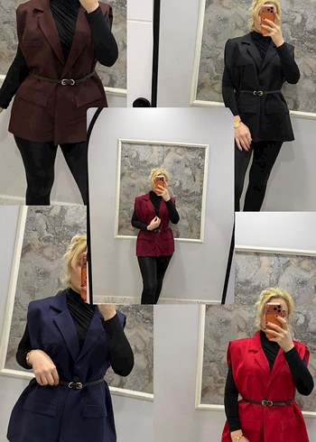 Kemerli Kırmızı Kolsuz Mini Blazer - Görsel 12