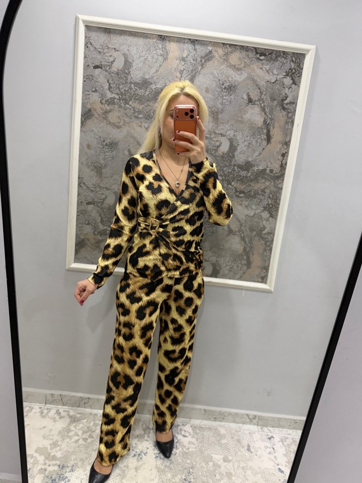 Kahverengi Leopar Desenli Uzun Elbise - Görsel 5