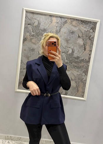 Kemerli Kısa Lacivert Kadın Blazer Ceket - Görsel 13