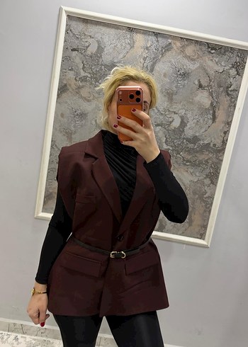 Düğmeli Bordo Kısa Kadın Yelek - Görsel 8