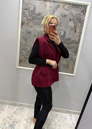 Düğmeli Bordo Kısa Kadın Yelek - Görsel 17