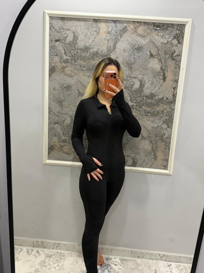 Siyah Uzun Kollu Yüksek Yakalı Kadın Tulum - Görsel 5