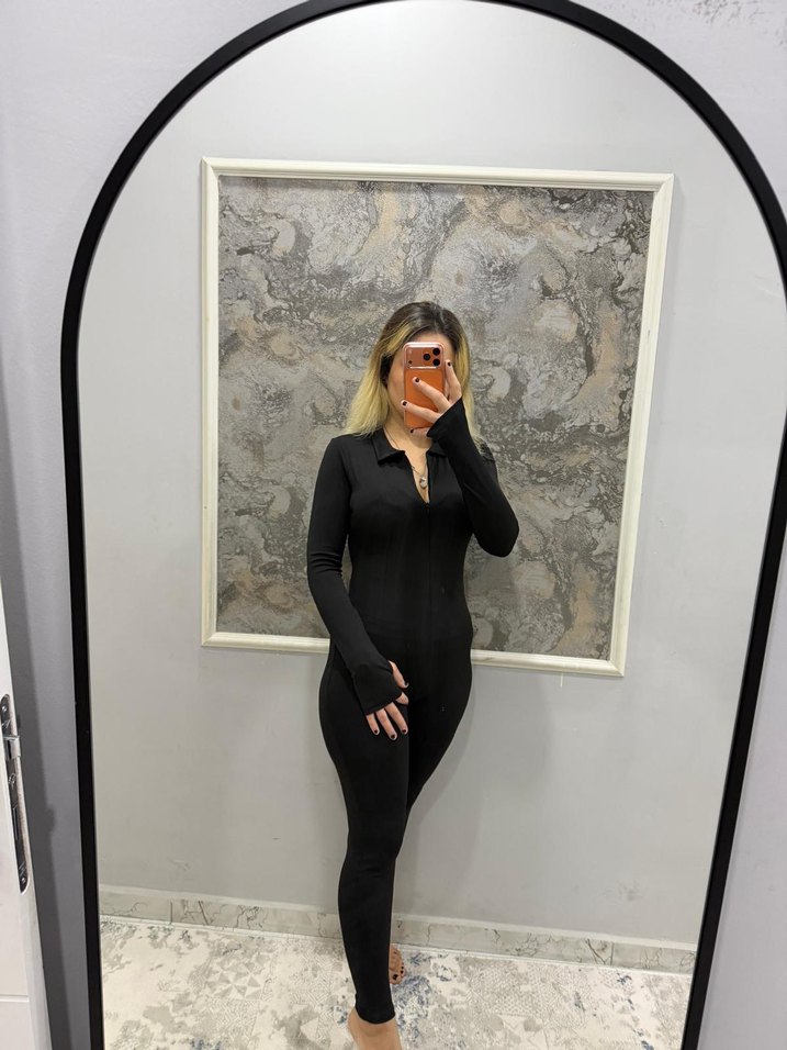 Siyah Uzun Kollu Yüksek Yakalı Kadın Tulum - Görsel 2