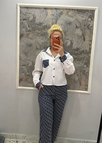 Dior Kadin Beyaz Gri Batik Desenli Denim Takim