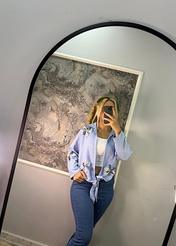m Beden Düğmeli Bağlamalı Mavi Batik Kot Pantolon
