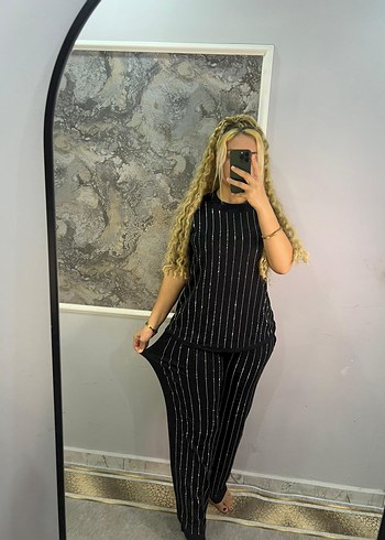 s Beden siyah Renk Siyah Payetli Çizgili Kumaş Tulum