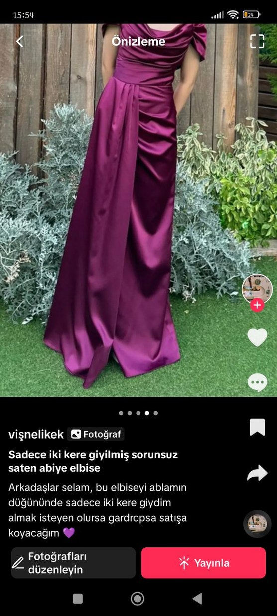 Parlak Mor Saten Uzun Abiye Elbise - Görsel 4