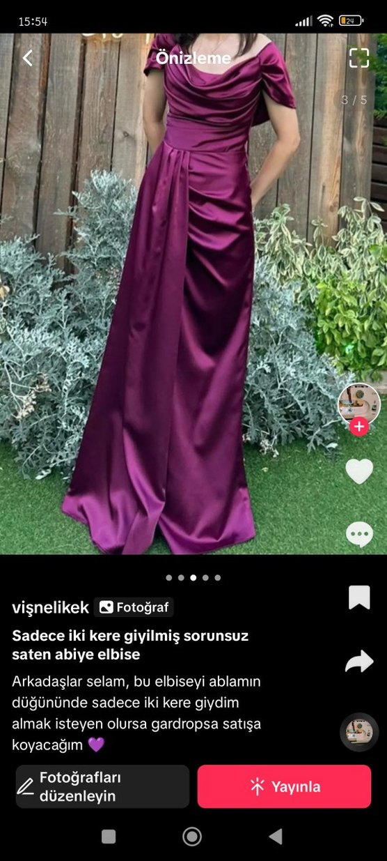Parlak Mor Saten Uzun Abiye Elbise - Görsel 3