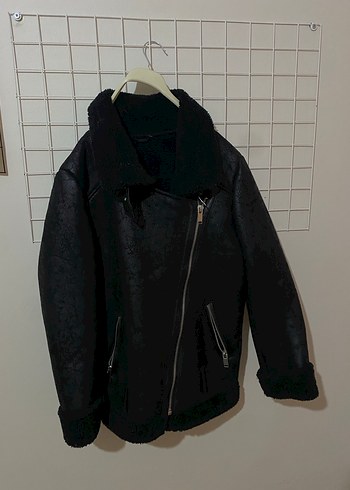 Siyah Kürklü Deri Biker Ceket