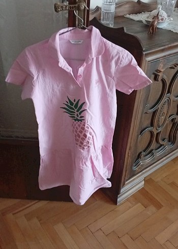 10 Yaş Beden Düğmeli V Yaka Kız Çocuk Pembe elbise