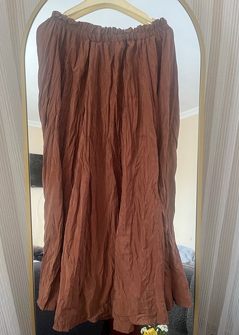 Drapeli Kahverengi kırışık pileli Uzun Keten Etek - Görsel 3