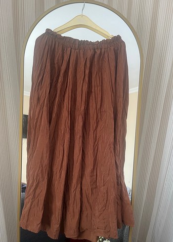 Drapeli Kahverengi kırışık pileli Uzun Keten Etek - Görsel 2