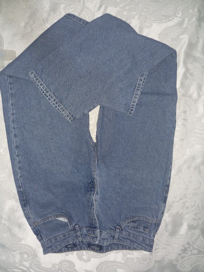 Düğmeli Mavi Rahat Kesim Kadın Kot Pantolon - Görsel 2