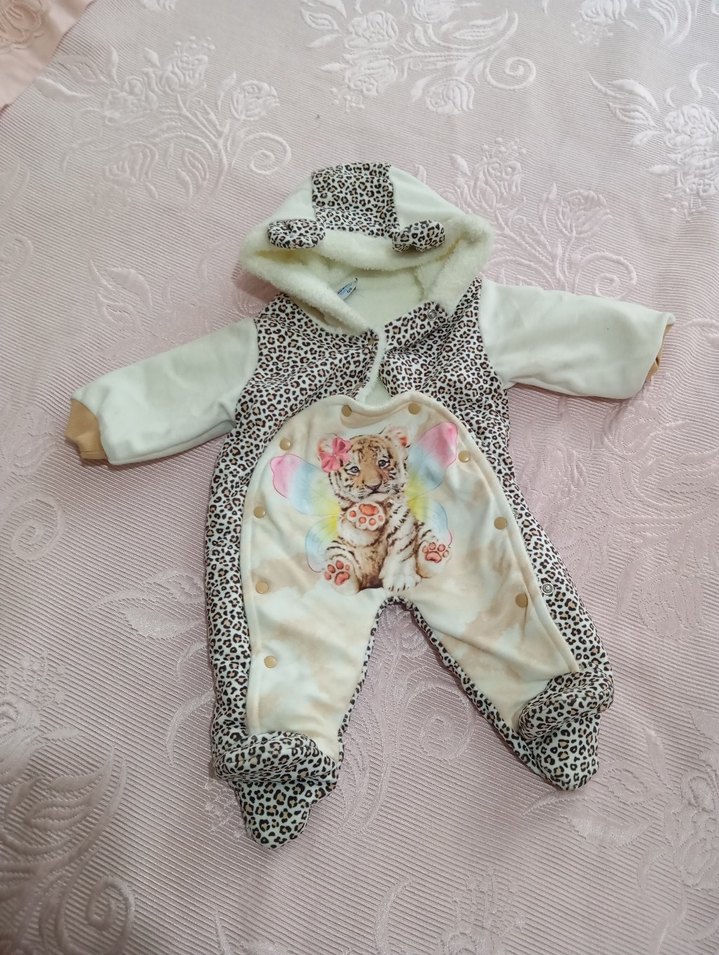 Kürklü Kapüşonlu Beyaz Leopar Desenli Bebek Tulumu - Görsel 2