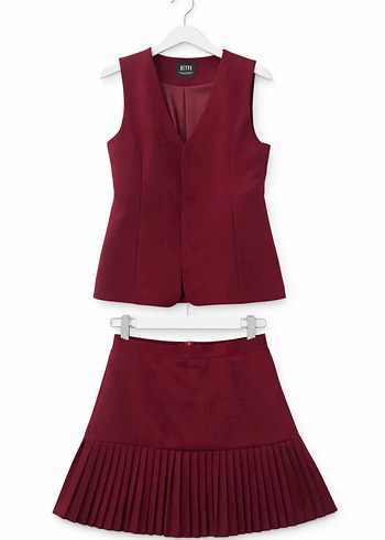 Bordo Piliseli Midi Etek ve Kolsuz Yelek Takım - Görsel 2