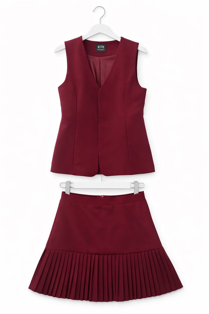 Bordo Piliseli Midi Etek ve Kolsuz Yelek Takım - Görsel 2