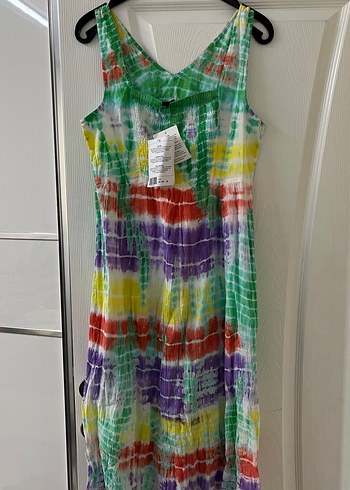 Çok Renkli Bağlama Desenli Uzun Bohem Elbise - Görsel 2