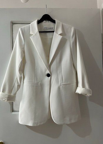 Düğmeli Beyaz Kadın Blazer Ceket - Görsel 5