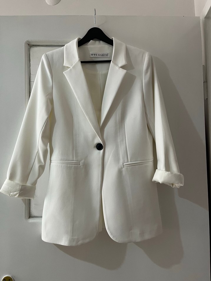 Düğmeli Beyaz Kadın Blazer Ceket - Görsel 5