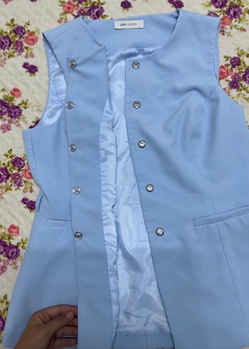 Mavi Düğmeli V Kesim Kolsuz Blazer Yelek - Görsel 3