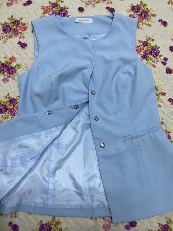 Mavi Düğmeli V Kesim Kolsuz Blazer Yelek - Görsel 4