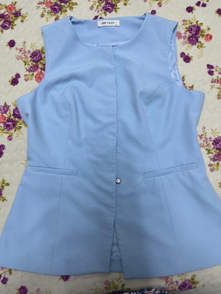 Mavi Düğmeli V Kesim Kolsuz Blazer Yelek - Görsel 5