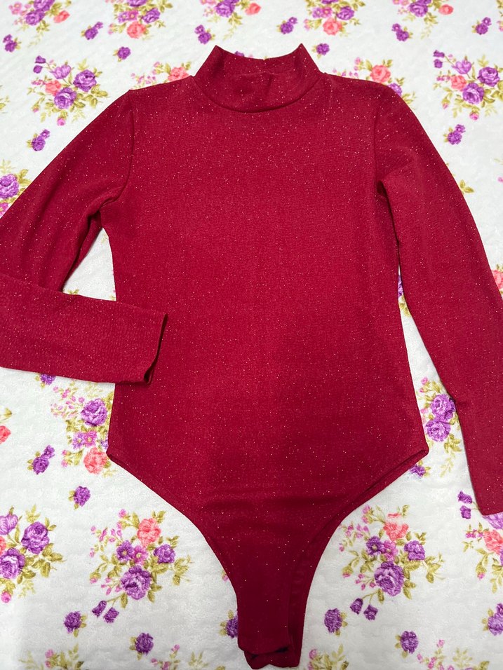 Bordo Boğazlı Kadın simli Body - Görsel 2