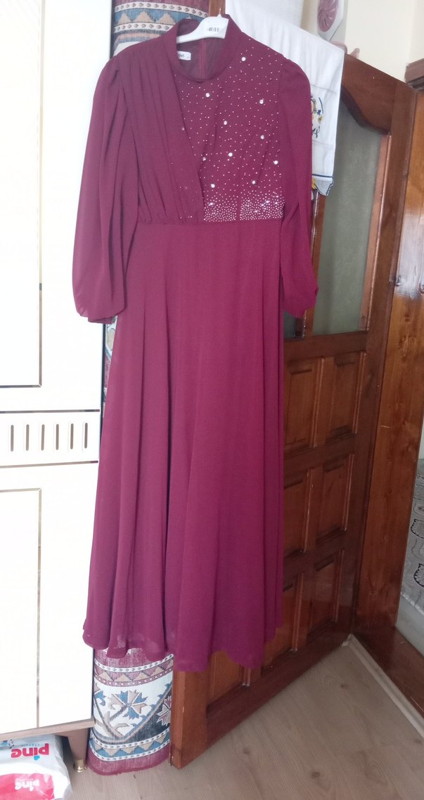 Bordo Uzun Kollu Drapeli Abiye Elbise - Görsel 2